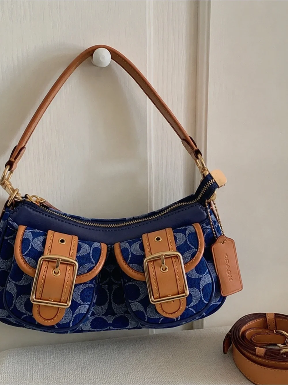 Coach Navy Signature Denim Shoulder Bag with Tan Leather Trim and Gold Hardware